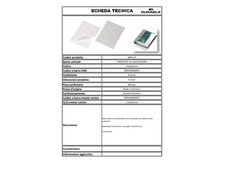 Buste adesive DURABLE POCKETFIX® A4 polipropilene trasparente conf. 25 pezzi - 809619