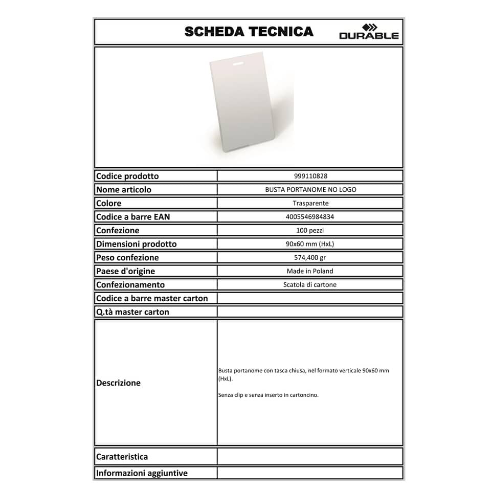 Portanomi Durable tasca chiusa verticale pvc alto spessore trasparente inserto 90x60mm  conf. 100 - 999110828