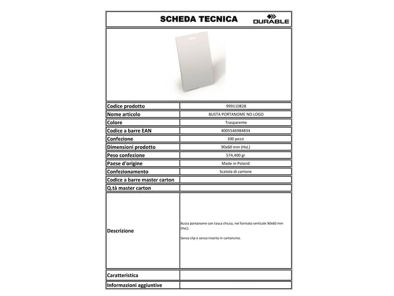 Portanomi Durable tasca chiusa verticale pvc alto spessore trasparente inserto 90x60mm  conf. 100 - 999110828