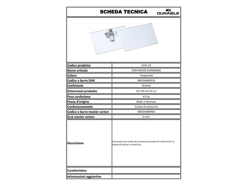 Portanomi DURABLE EUROBADGE con combi clip pvc trasparente inserto 54x90mm conf. 50 - 814519