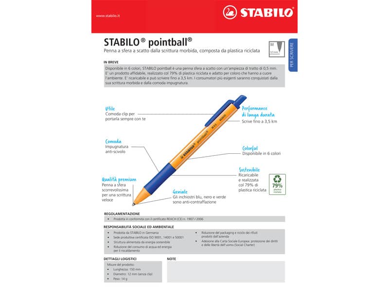 Penna a sfera a scatto Stabilo Pointball  0,5 mm nero 6030/46