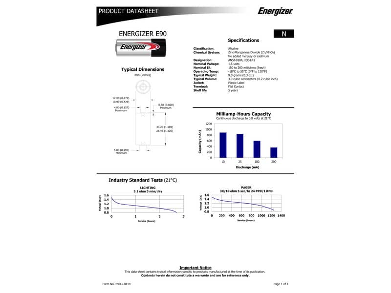 Batterie alcaline a bottone ENERGIZER LR1/E90 conf. da 2 - E300803302