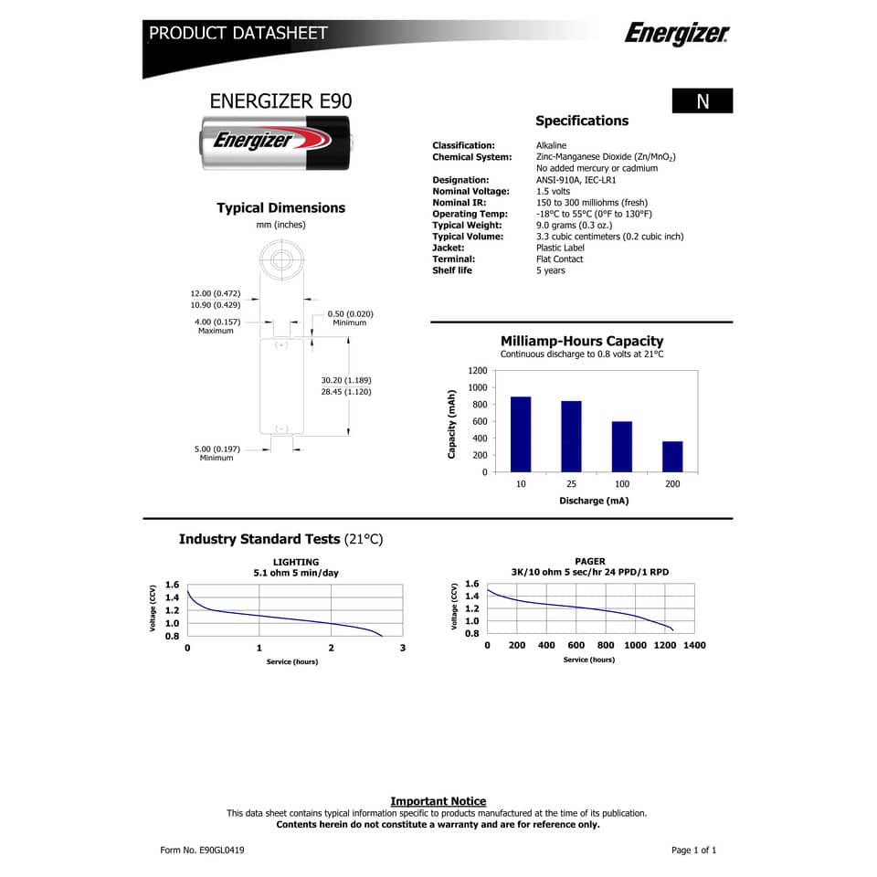 Batterie alcaline a bottone ENERGIZER LR1/E90 conf. da 2 - E300803302