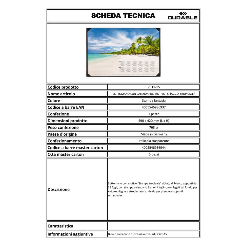 Sottomano DURABLE 590x420 mm + blocco 25 ff stampa a fantasia spiaggia tropicale 731115