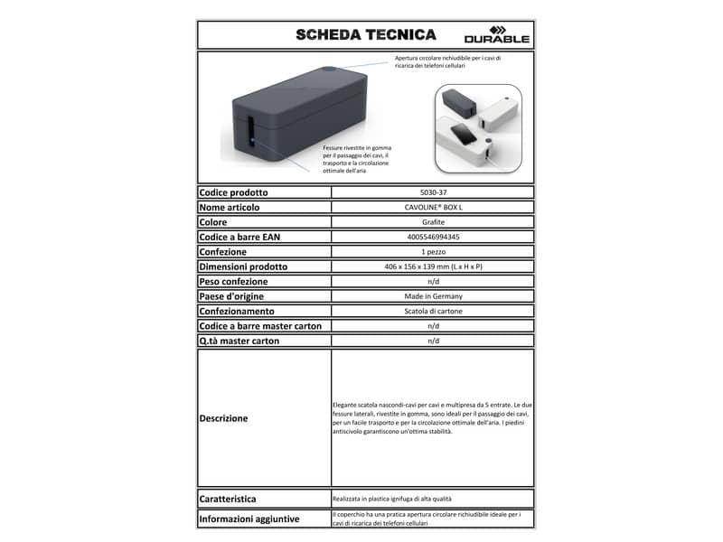 Scatola nascondi-cavi DURABLE con multi presa 5 entrate 406x156x139 mm grafite 503037