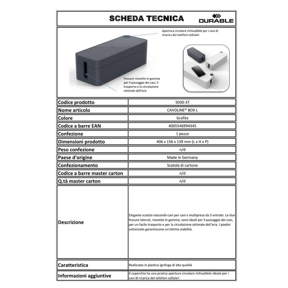Scatola nascondi-cavi DURABLE con multi presa 5 entrate 406x156x139 mm grafite 503037