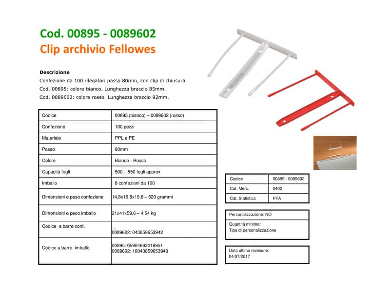 Fastener Fellowes passo 80 mm bianco  conf. 100 pezzi - 00895