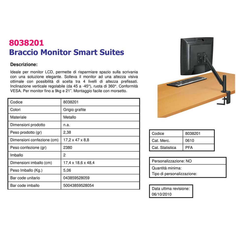 Braccio Monitor Singolo per regolare monitor LCD/TFT Fellowes Smart Suites nero max 21 pollici - 8038201