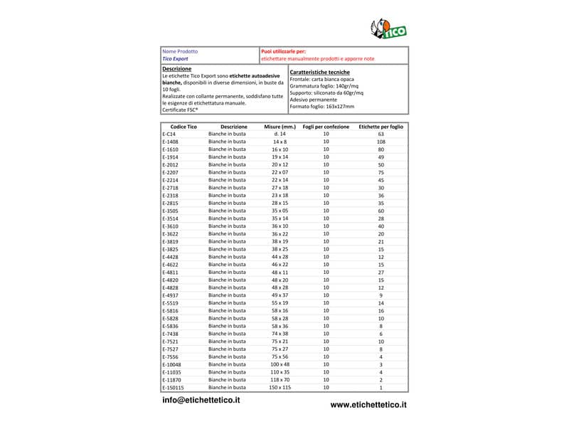 Etichette bianche scrivibili a mano TICO Export 48x20 mm - 15 et./foglio - bustina da 10 fogli - E-4820