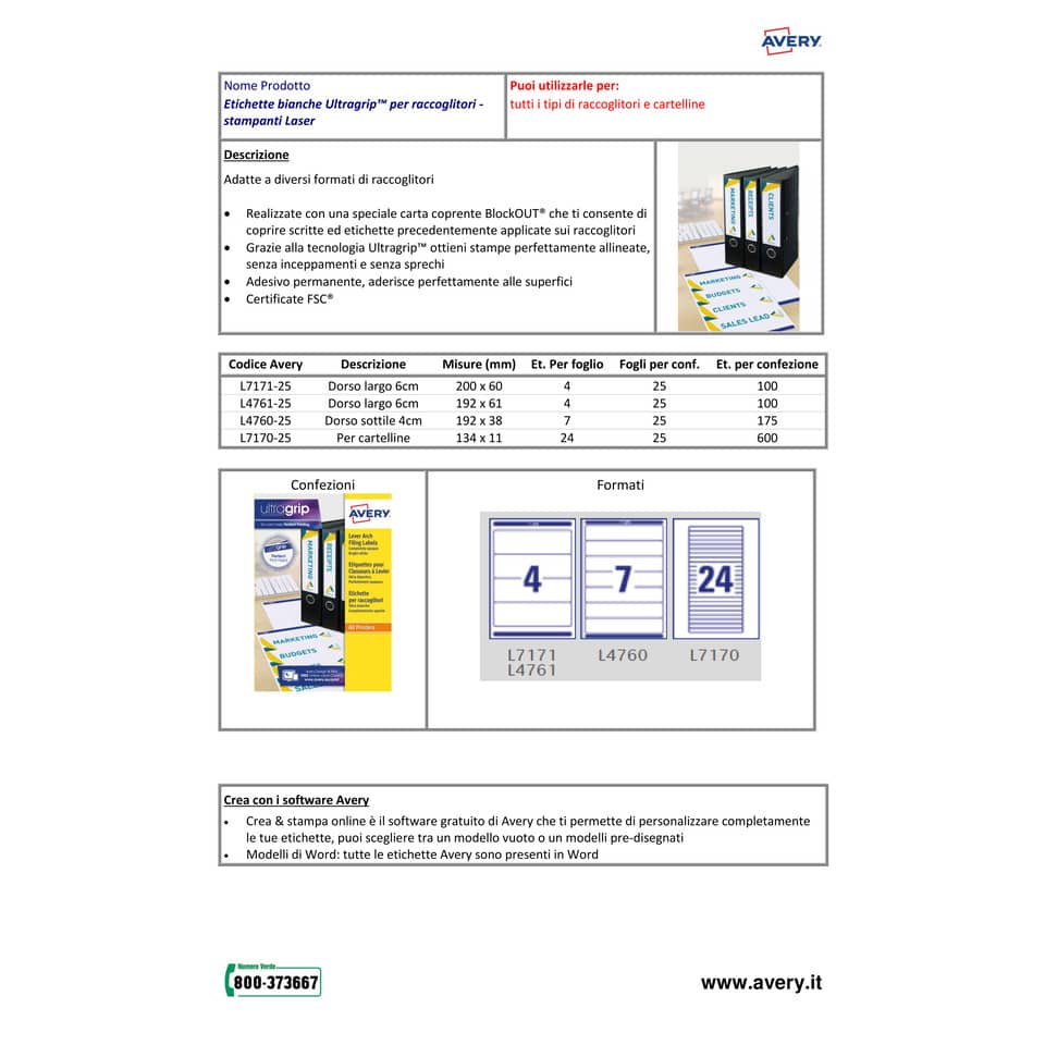 Etichette bianche per raccoglitori Avery Ultragrip™ 60x200 mm - 4 et/foglio - stampanti laser - Conf 25 fogli L7171-25