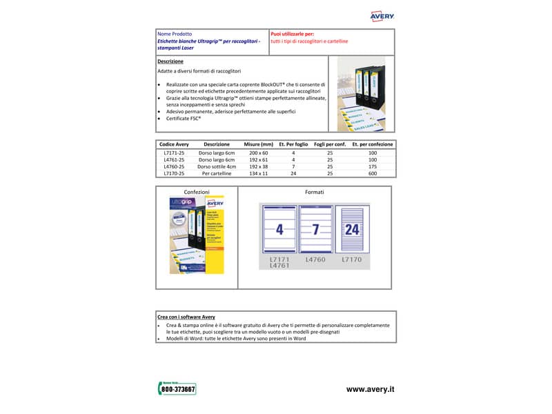 Etichette bianche per raccoglitori Avery Ultragrip™ 60x200 mm - 4 et/foglio - stampanti laser - Conf 25 fogli L7171-25