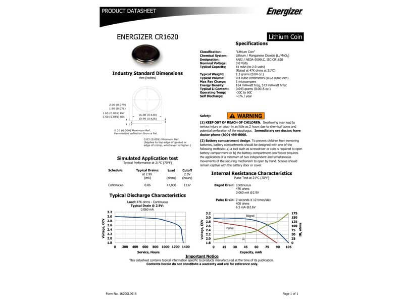 Batteria al litio a bottone ENERGIZER CR1620 E300844002