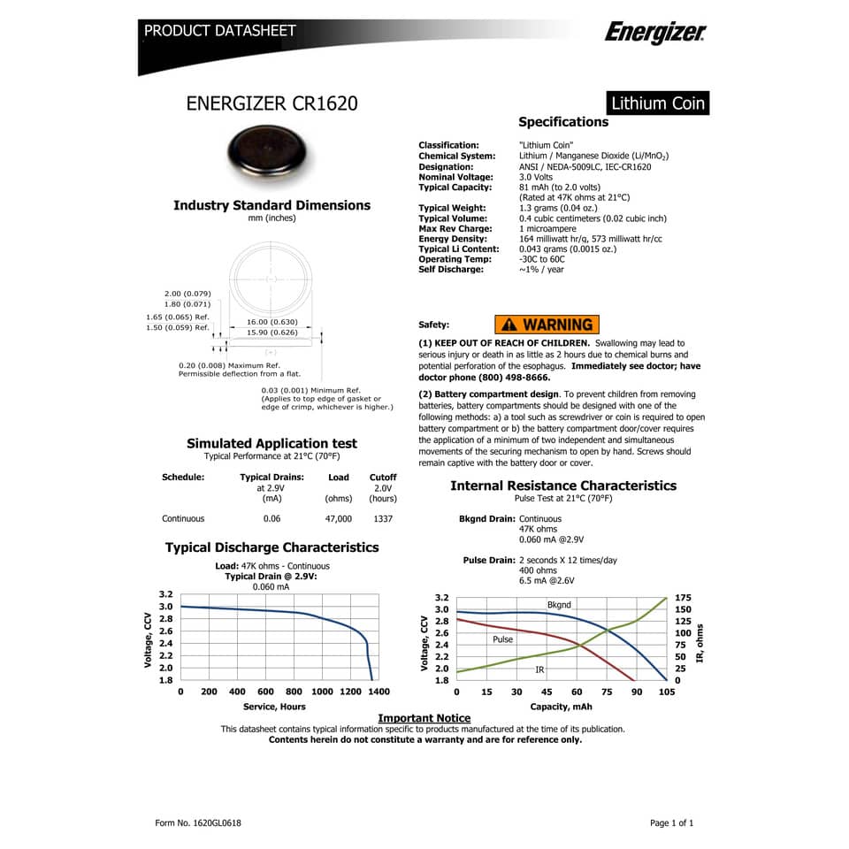 Batteria al litio a bottone ENERGIZER CR1620 E300844002