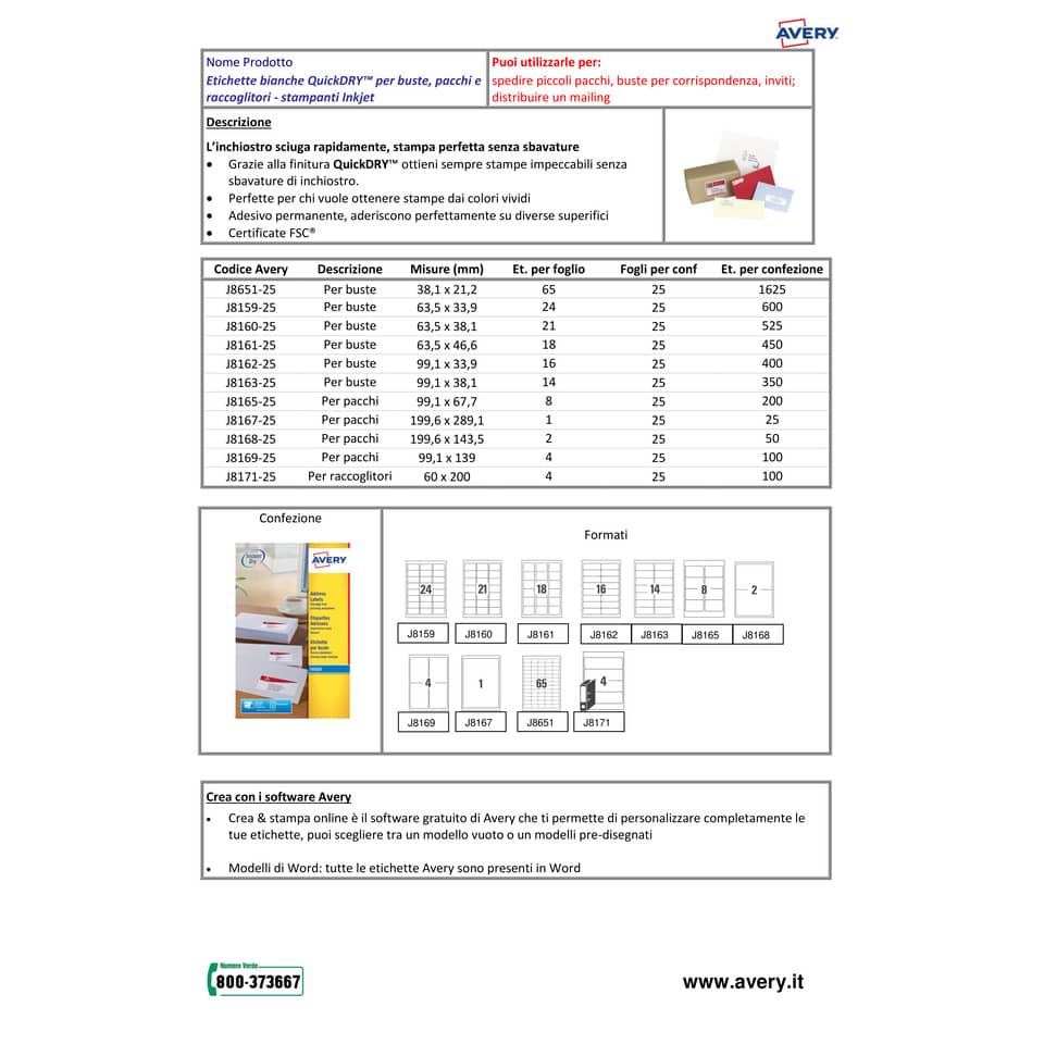 Etichette bianche per buste AVERY QuickDRY™ 38,1x21,2 mm - 65 et/foglio - stampanti inkjet - cf. 25 fogli J8651-25