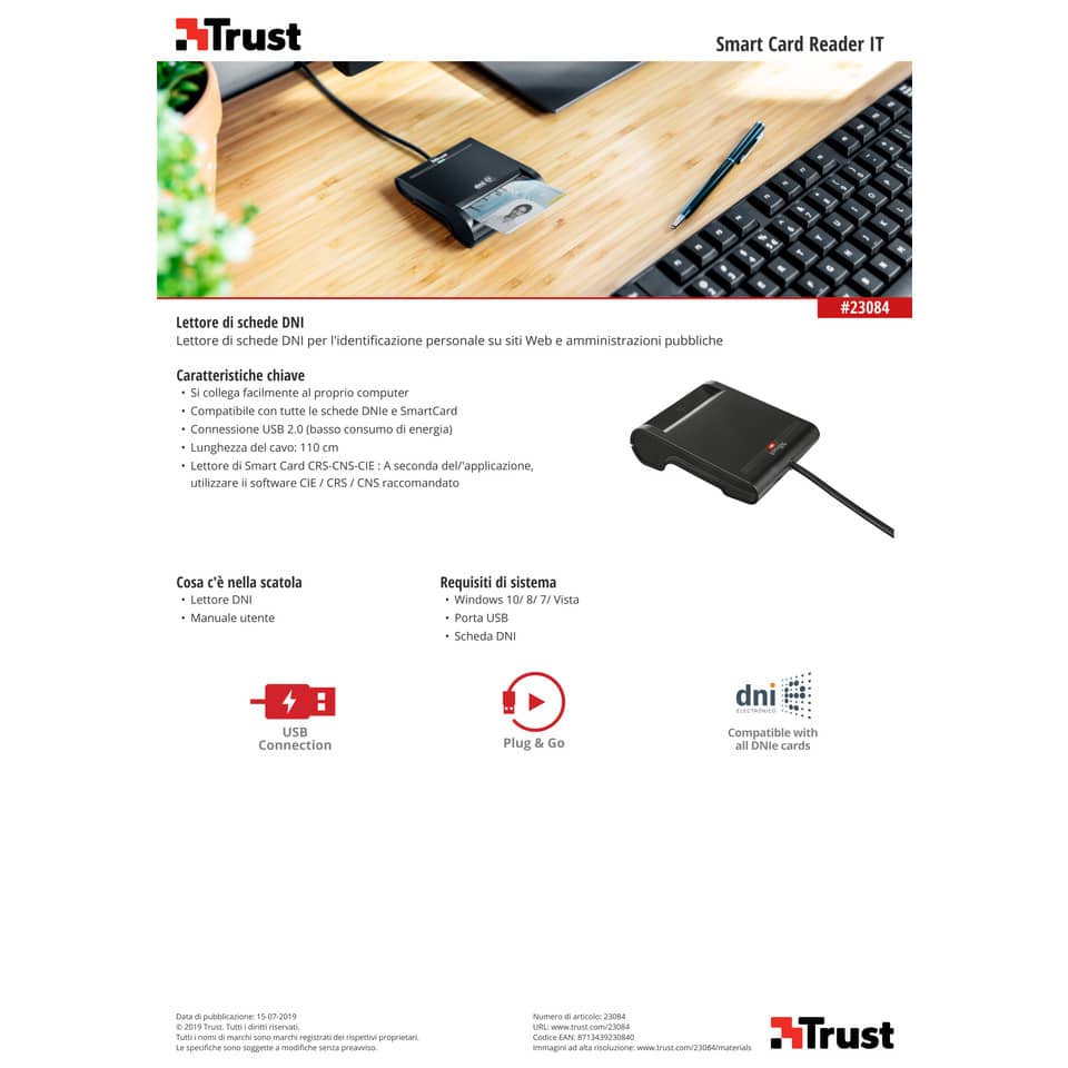 Smart Card Reader USB 2.0 per PC TRUST con cavo da 1,1 m nero 23084