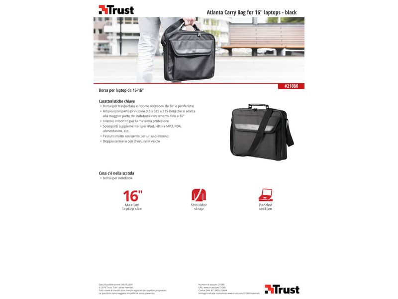 Borsa per computer Trust Atlanta fino a 16" in tessuto 1 scomparto nero - 21080