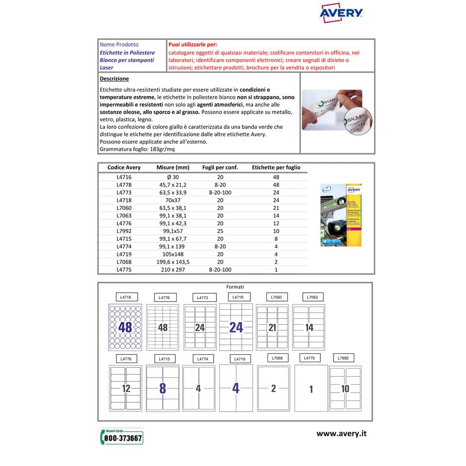 Etichette permanenti poliestere bianche Avery 63,5x38,1 mm - 21 et/foglio - stampanti laser - cf. 20 fogli L7060-20