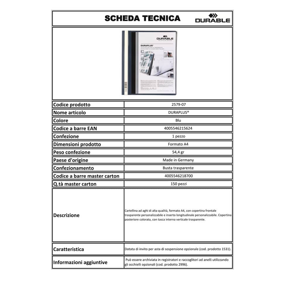 Cartellina ad aghi DURABLE DURAPLUS® A4 blu 257907