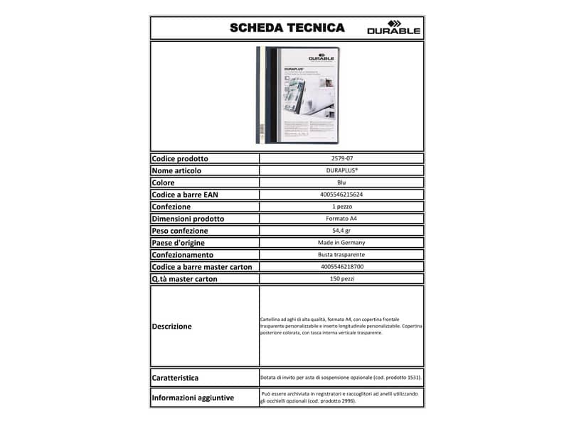 Cartellina ad aghi DURABLE DURAPLUS® A4 blu 257907