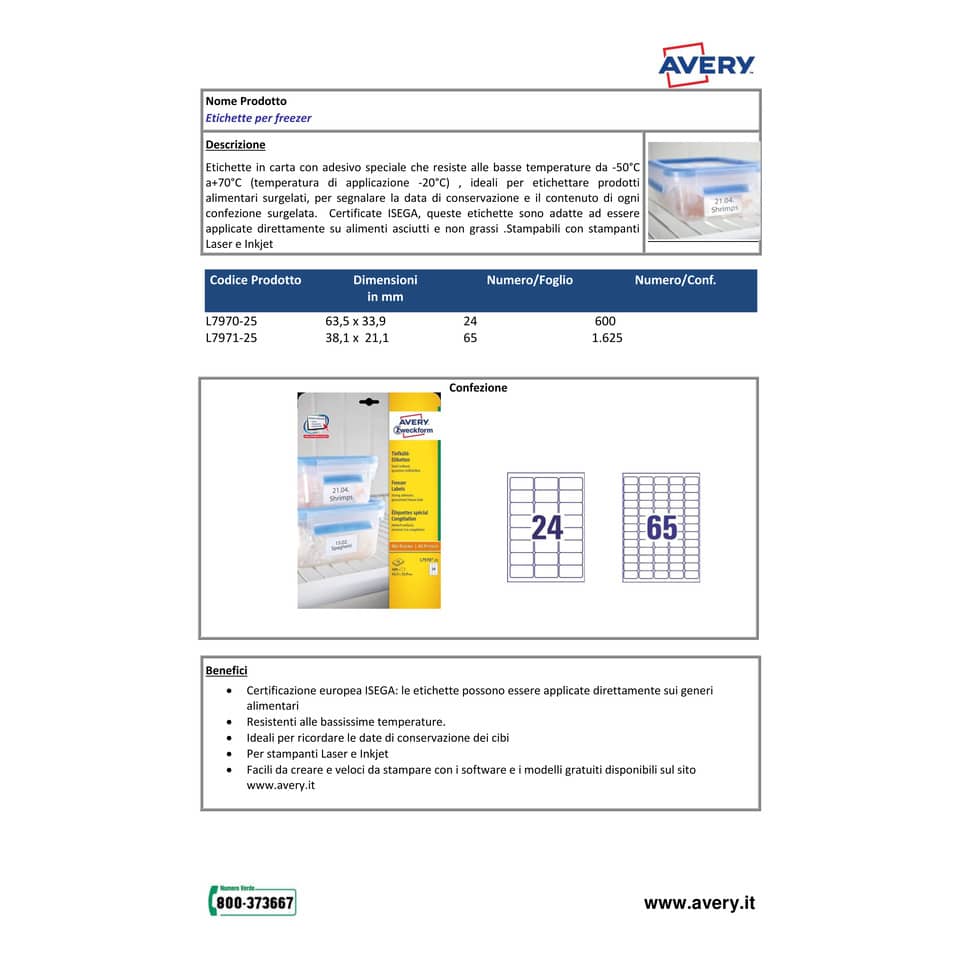 Etichette permanenti per freezer Avery 63,5x33,9 mm bianco - 24 et./foglio - laser/inkjet - cf. 25 fogli L7970-25