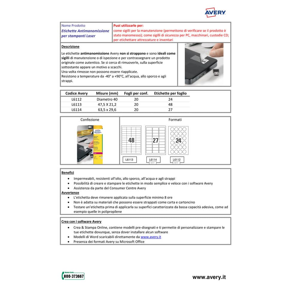 Etichette bianche antimanomissione Avery 63,5x29,6 mm - 27 et/foglio - per stampanti laser conf. 20 fogli L6114-20