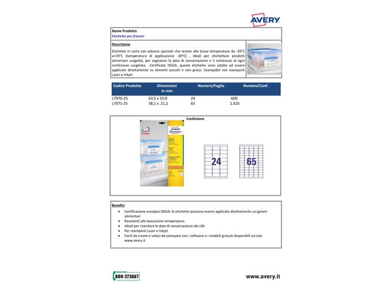 Etichette permanenti per freezer Avery 38,1x21,1 mm bianco - 65 et./foglio laser/inkjet - cf. 25 fogli L7971-25