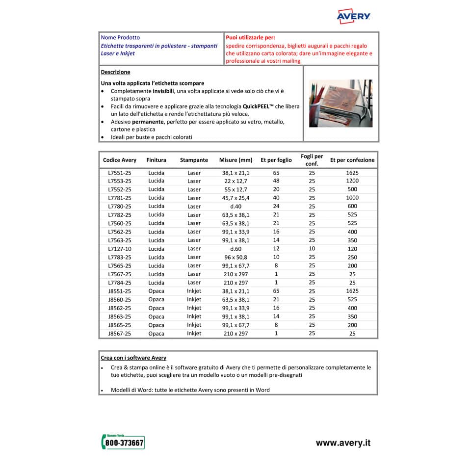 Etichette poliestere trasparenti lucide AVERY QuickPEEL™ 96x50,8 mm - 10 et/foglio - laser conf. 25 ff L7783-25