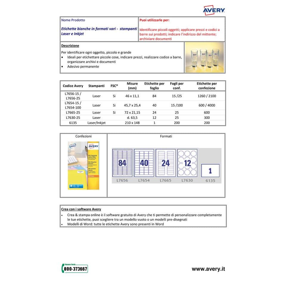Mini etichette bianche per usi speciali Avery 46x11,1 mm - 84 et/foglio - stampanti laser conf. 25 fogli L7656-25