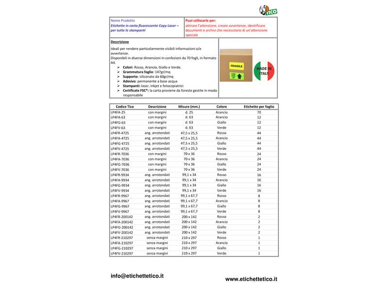 Etichette arancione fluo con angoli arrotondati TICO Copy Laser  99,1x34 mm 16 et/foglio - conf. 70 fogli LP4FA-9934