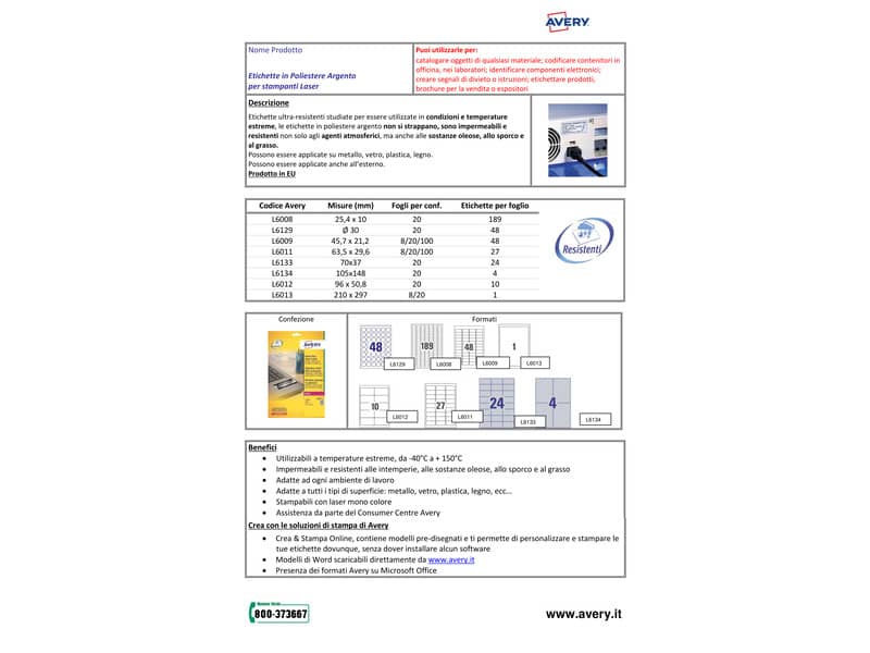 Etichette permanenti poliestere argento Avery 63,5x29,6 mm - 27 et/foglio - laser monocolore conf. 100 ff L6011-100