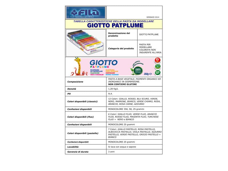 Plastilina modellabile GIOTTO Patplume assort. classici + fluo -cf. Appendibile da 18x20 g + 1 coltellino - 513100