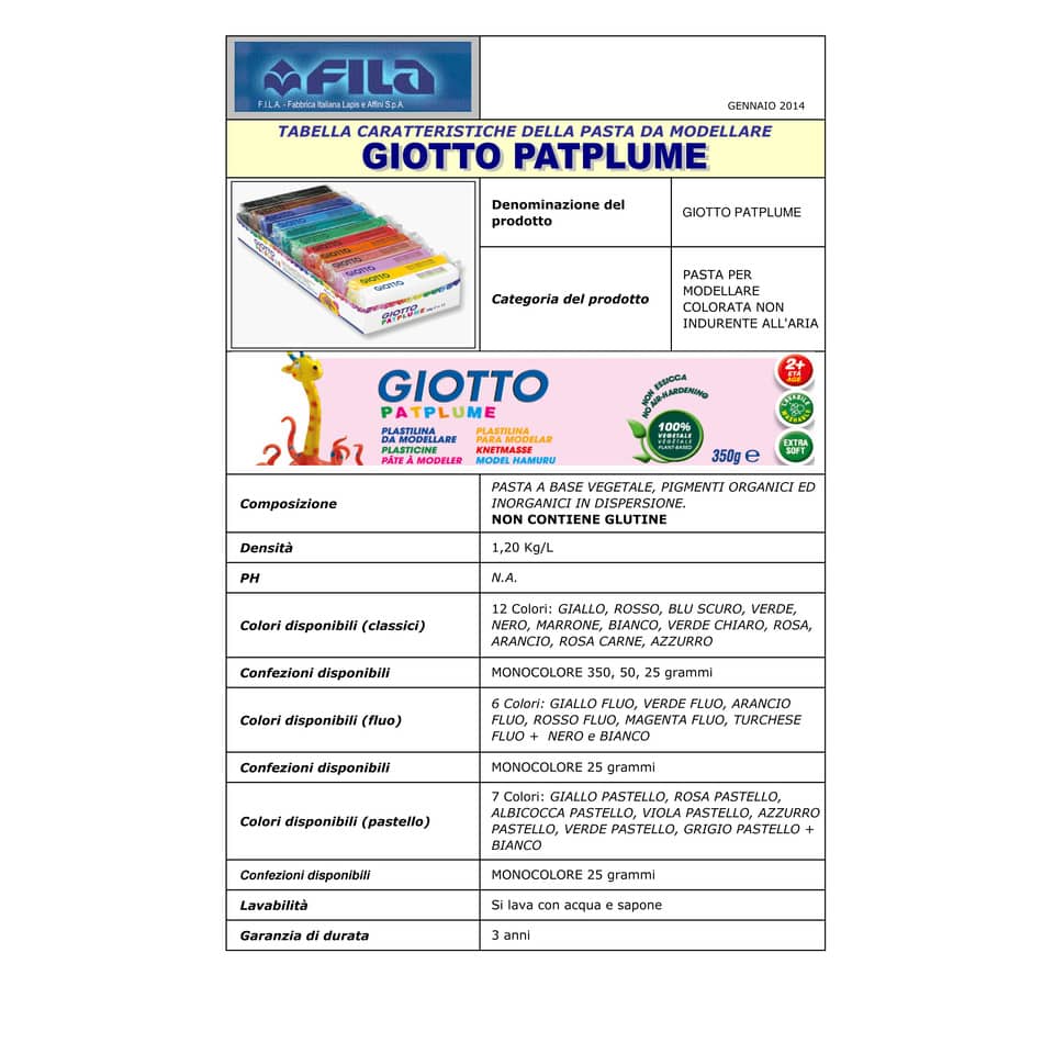 Plastilina modellabile GIOTTO Patplume assort. classici + fluo -cf. Appendibile da 18x20 g + 1 coltellino - 513100