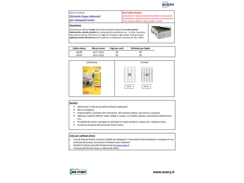 Etichette bianche superaderenti Avery poliestere 45,7x25,4 mm - 40 et/foglio - per laser - conf. 20 fogli - L6140-20