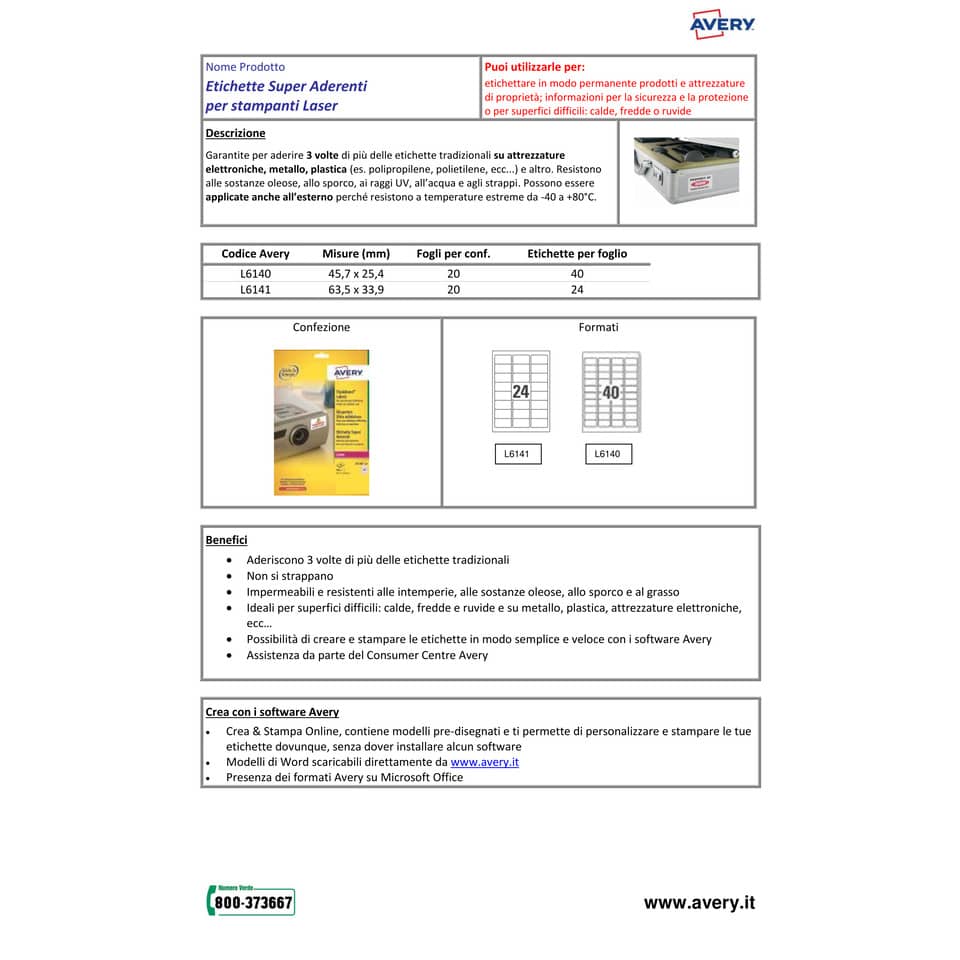 Etichette bianche superaderenti Avery poliestere 45,7x25,4 mm - 40 et/foglio - per laser - conf. 20 fogli - L6140-20