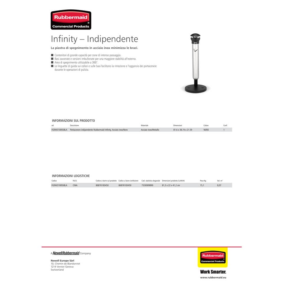 Colonnina posacenere Rubbermaid Infinity™ Stand Alone nero H 101 cm - Ø 40 cm FG9W3100SSBLA