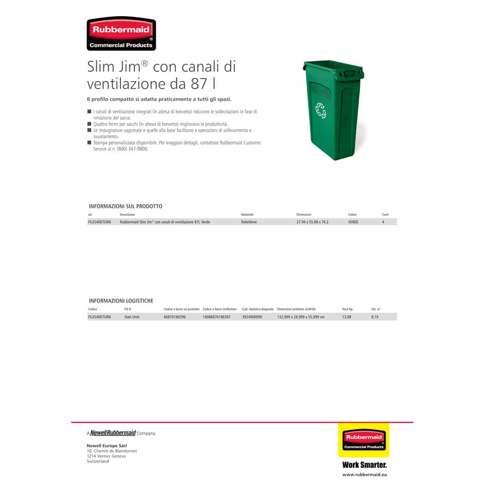 Contenitore rifiuti per differenziata Rubbermaid Slim Jim® con canali di ventilazione 87 L verde - FG354007GRN