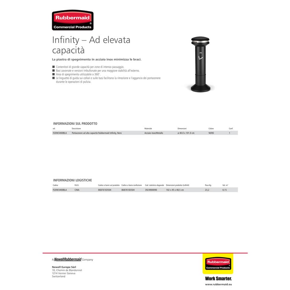 Posacenere a colonna Rubbermaid Infinity™ Ultra nero H 105 cm - Ø 40 cm FG9W3400BLA