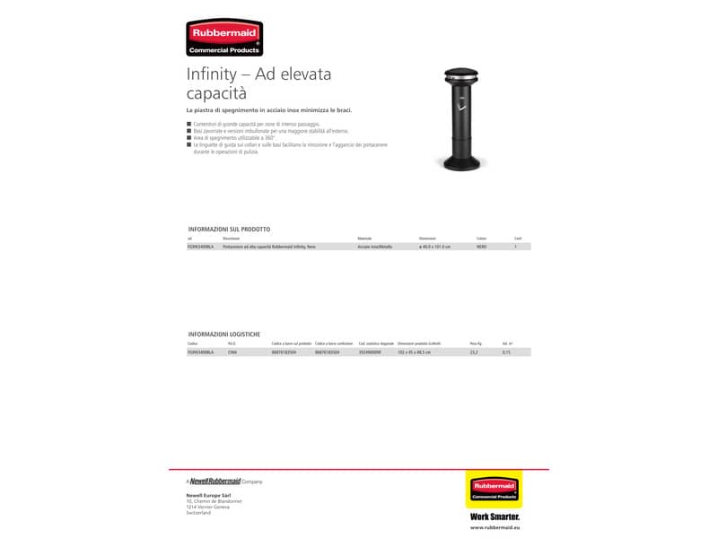 Posacenere a colonna Rubbermaid Infinity™ Ultra nero H 105 cm - Ø 40 cm FG9W3400BLA