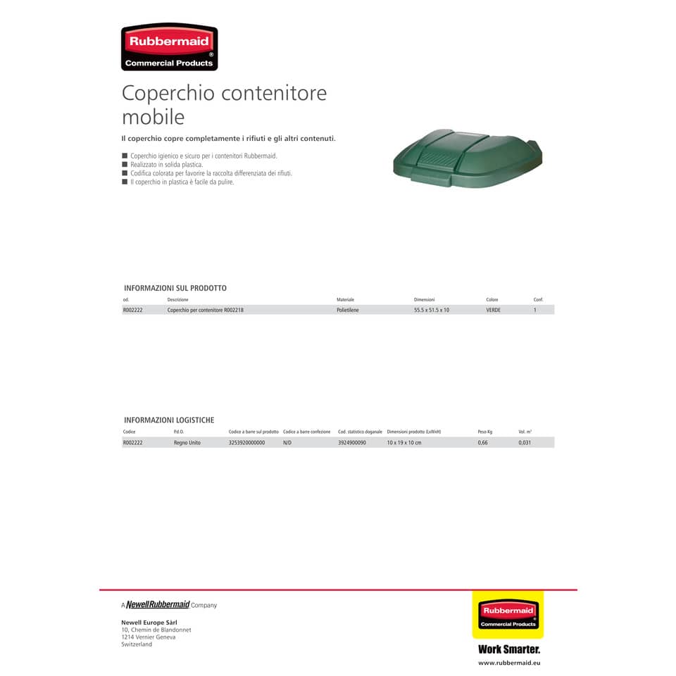 Coperchio per bidone portarifiuti Rubbermaid Mobile Bin 100 L verde R002222