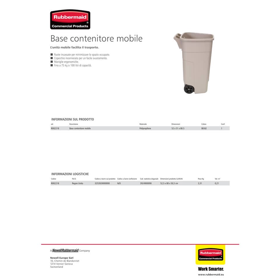 Base Bidone Mobile bin 100 L Rubbermaid beige  50.5 x 52.5 x 80 cm R002218