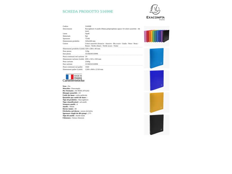 Raccoglitore ad anelli Exacompta LINEA OPACO 4 anelli Ø 30 mm ppl A4 MAXI 297x242 10 colori assortiti - 51699E