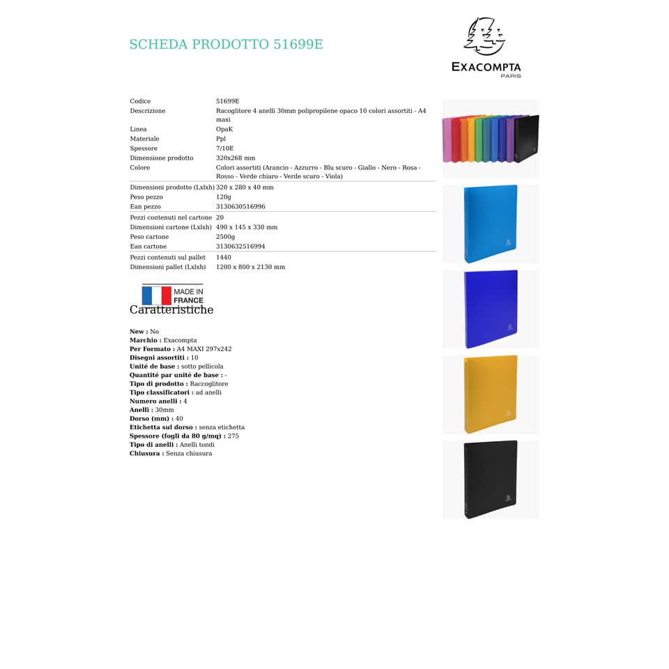 Raccoglitore ad anelli Exacompta LINEA OPACO 4 anelli Ø 30 mm ppl A4 MAXI 297x242 10 colori assortiti - 51699E