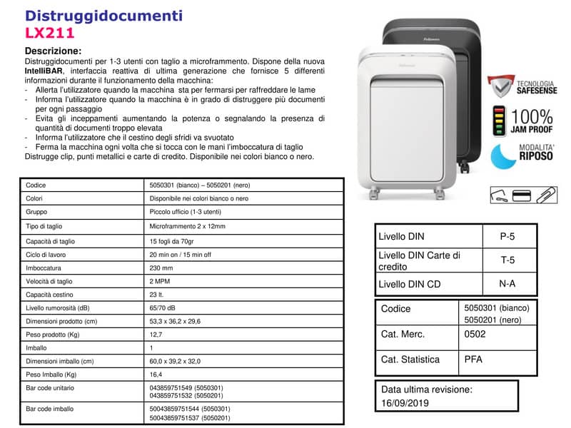 Distruggidocumenti uso moderato Fellowes LX211 - P-5 - 23 L - taglio a microframmenti 2x12 mm - nero 5050201