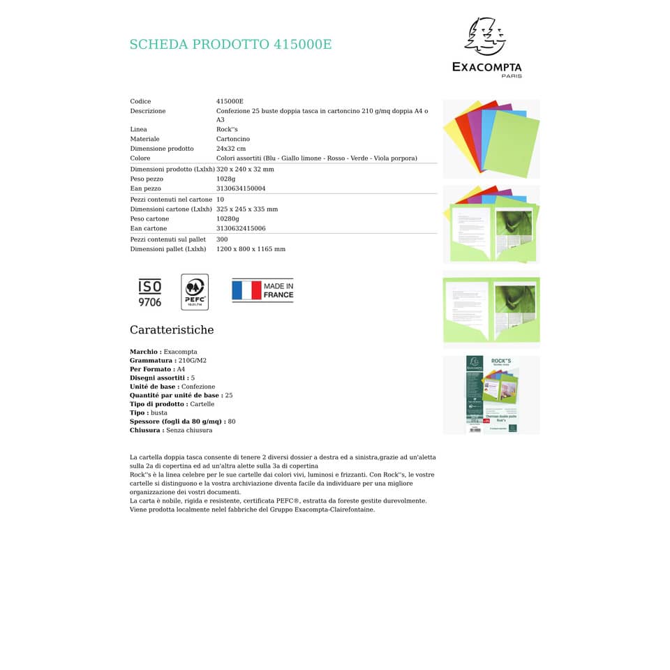 Cartelline doppia tasca Exacompta ROCK"S cartoncino 210 g/m² A4 colori assortiti conf. 25 - 415000E