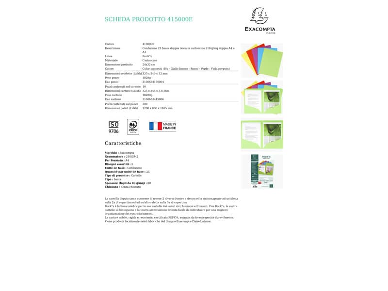Cartelline doppia tasca Exacompta ROCK"S cartoncino 210 g/m² A4 colori assortiti conf. 25 - 415000E
