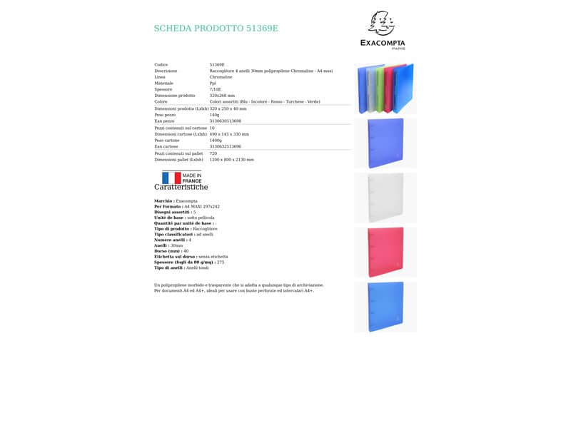 Raccoglitore ad anelli Exacompta CHROMALINE 4 anelli Ø 30 mm ppl A4 MAXI 297x242 5 colori assortiti - 51369E