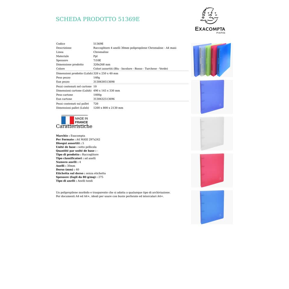 Raccoglitore ad anelli Exacompta CHROMALINE 4 anelli Ø 30 mm ppl A4 MAXI 297x242 5 colori assortiti - 51369E