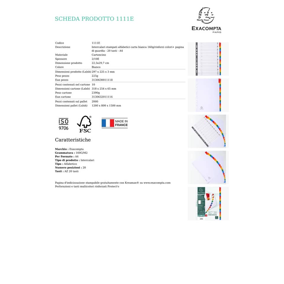 Intercalari stampati in digitale Exacompta Protect'o cartoncino A4 160g/mq 20 tasti AZ - 1111E