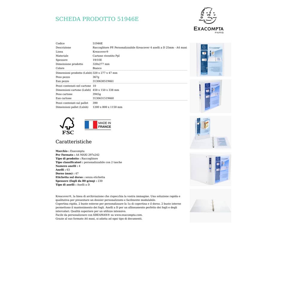 Raccoglitore personalizzabile Exacompta A4 maxi Kreacover® bianco 4 anelli a D 25 mm - 51946E