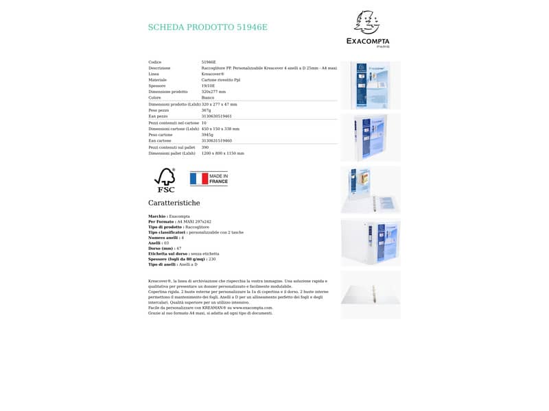 Raccoglitore personalizzabile Exacompta A4 maxi Kreacover® bianco 4 anelli a D 25 mm - 51946E